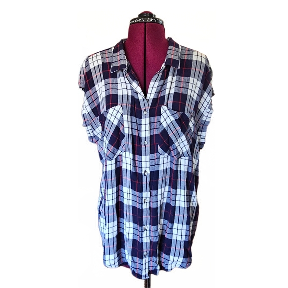 Navy Plaid Print Loose Fit Short Sleeve Blouse Top Womens - Picture 1 of 11